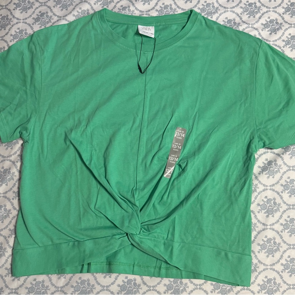 Zara Girls Green Twist Front Cropped T-Shirt Size 13-14 Years Cotton Short Sleev